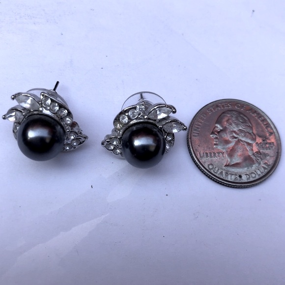 Pearl Faux Gray Rhinestones Silver Tone Post Earrings - Picture 2 of 4